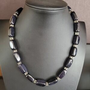 Blue Goldstone Necklace Silver Tone Hardware‎ Barrel Shaped Semi Precious Stones